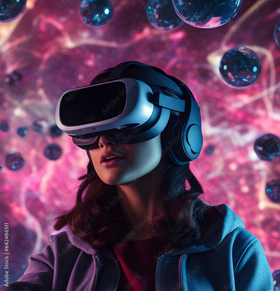 Woman playing virtual reality gaming with visually stunning and interactive environment Woman playing virtual reality gaming with visually stunning and interactive environment