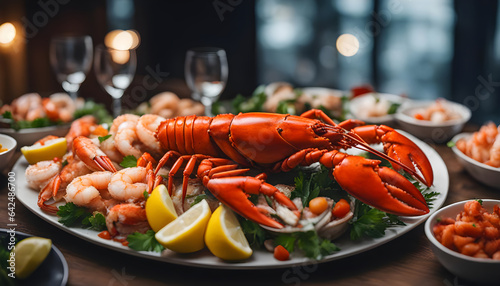 Seafood feast with a lobster, crab, and shrimp displayed on a seafood platter