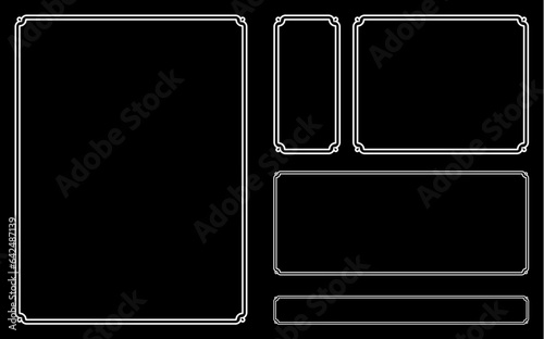 Vector blackboard border frames. Black background with white frames in different shapes. Elegant vintage banners, doorplates, signboards, or labels photo