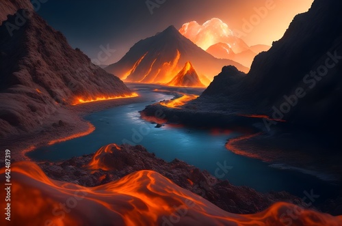 volcanic landscape with molten rivers and floating rock formations