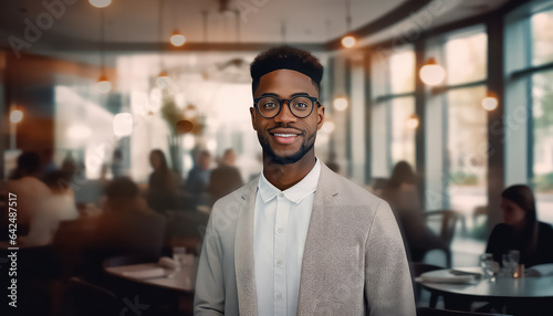 portrait of young black man with glasses in a restaurant