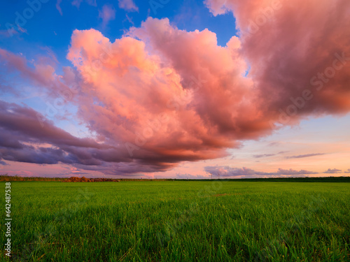 Natural landscape during sunset. Huge pink cloud and blue sky. Field and meadow. Huge cloud in the sky after a storm. Natural landscape. Wallpaper and background.