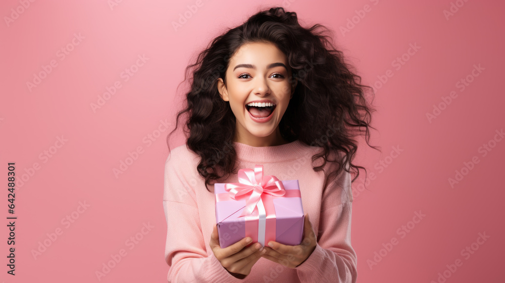 Happy brunette woman holding gift box and looking at the camera while enjoys over pink background Happy brunette woman holding gift box and looking at the camera while enjoys over pink background