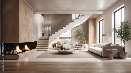 salon de una mansion en tonos  claros,  decorado con sofa, alfombra, mesa y gran chimenea de gas, con grandes ventanales y escalera