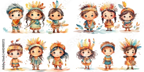 painting style illustration of  native American Indian kids boys and girls in traditional outfit  Generative Ai