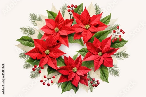 A christmas wreath with poinsettia and evergreen leaves. Digital image.