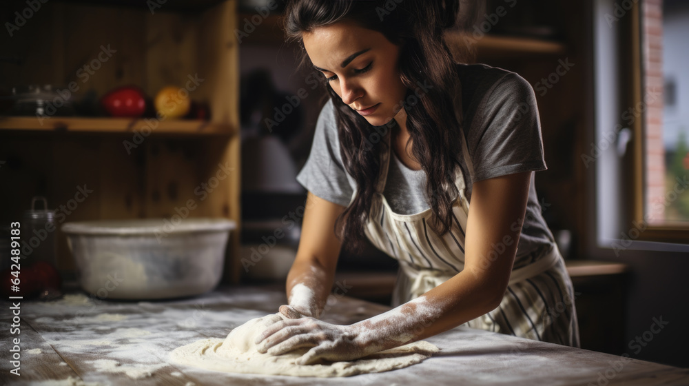 Woman is in the kitchen making pizza dough or bread dough.