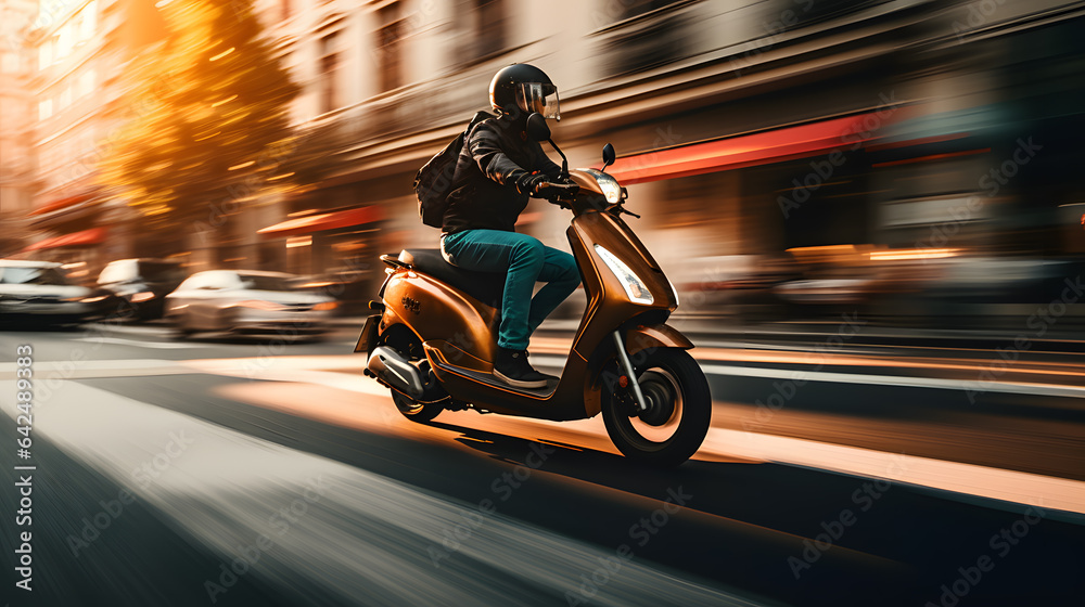 City Commute: Man Enjoying Moped Ride Through Urban Streets
