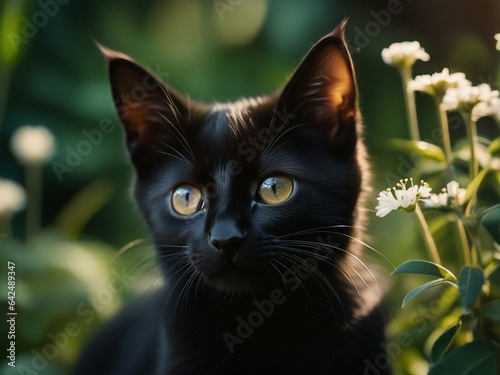 Beautiful cute black kitten in a summer garden. Generative AI