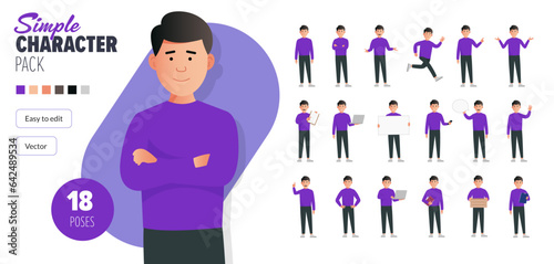 Simple flat 2d male vector character in a set of multiple poses. Easy to edit and isolated on a white background. Modern trendy style character mega pack with lots of poses.