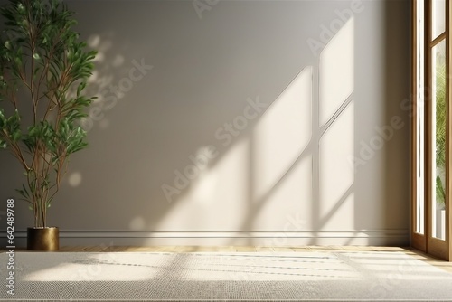 empty blank new luxury residential with shiny metal gold folding door frame to balcony, Green houseplants, Morning sunlight, Moving in, Home, Carpet floor, Backdrop, Indoor, generative ai.