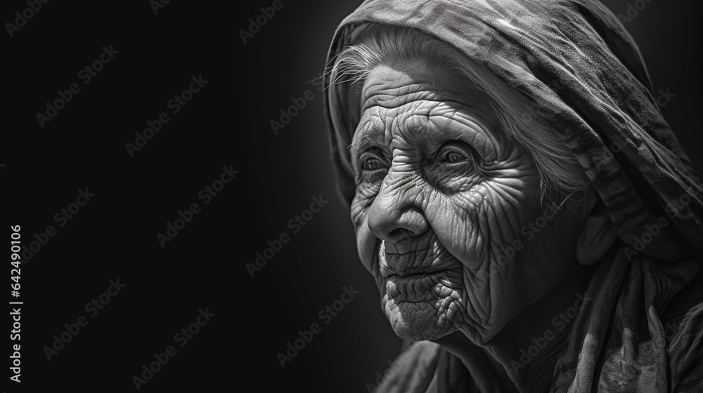 powerful full face portrait of an elderly woman