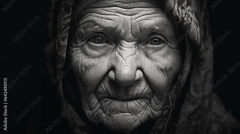 powerful full face portrait of an elderly woman