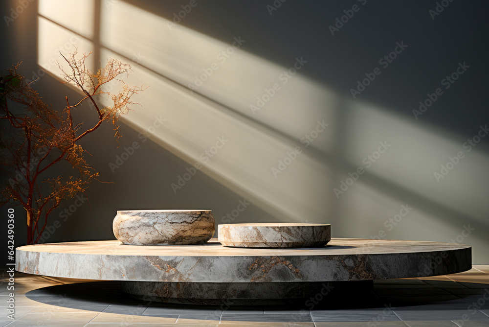 Multi level stone platforms for displaying cosmetics or goods in beige colors Multi level stone platforms for displaying cosmetics or goods in beige colors