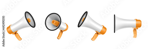 Megaphone speaker. 3d loudspeaker, mouthpiece or horn, microphone loud for communication. Realistic element different sides view. Broadcasting promotion announces. Vector isolated icon