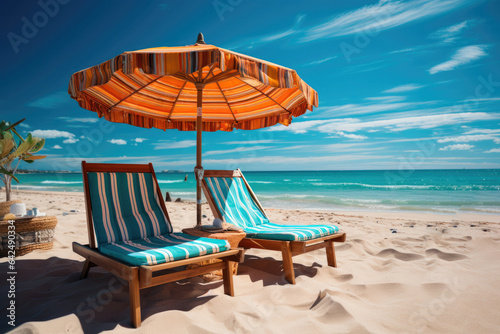 Two sunny beds under an umbrella. A beach scene with a relaxing mood