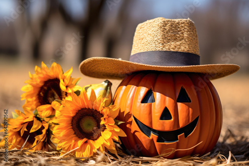 Halloween pumpkin jack o' lantern decor wearing straw hat with sunflowers, closeup, seasonal yard decor, home exterior decoration photo