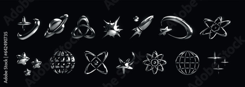 3D chrome elements. Y2K abstract silver space icons. Galaxy and cosmic technology. Cyber stars. Atom symbol. Universe planet and comets. Glossy spaceship. Vector vintage metal shapes set