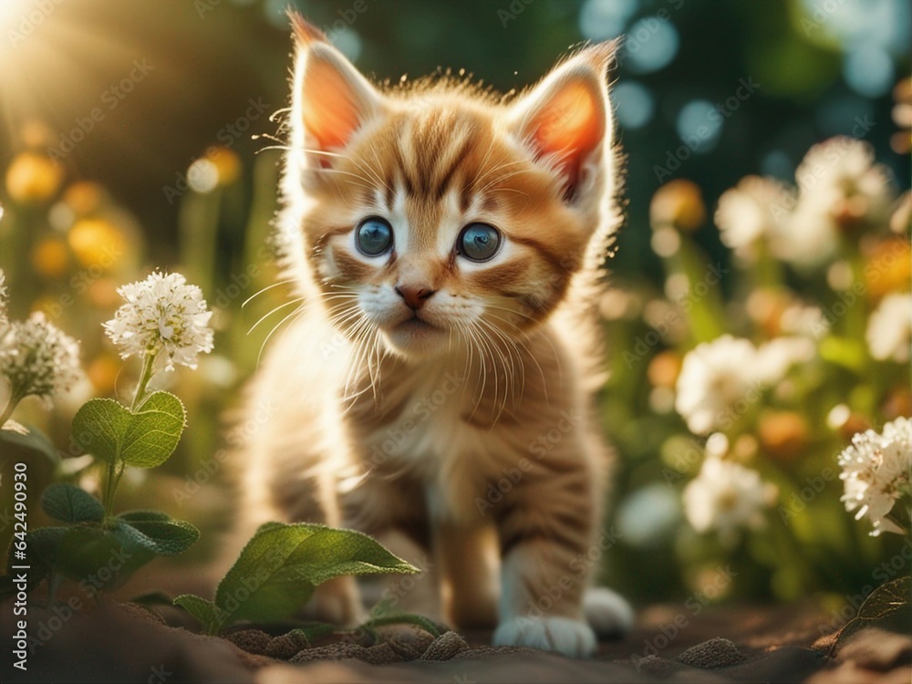 Beautiful cute baby kitten in a summer garden. Little kitten standing on flowers garden. Generative AI