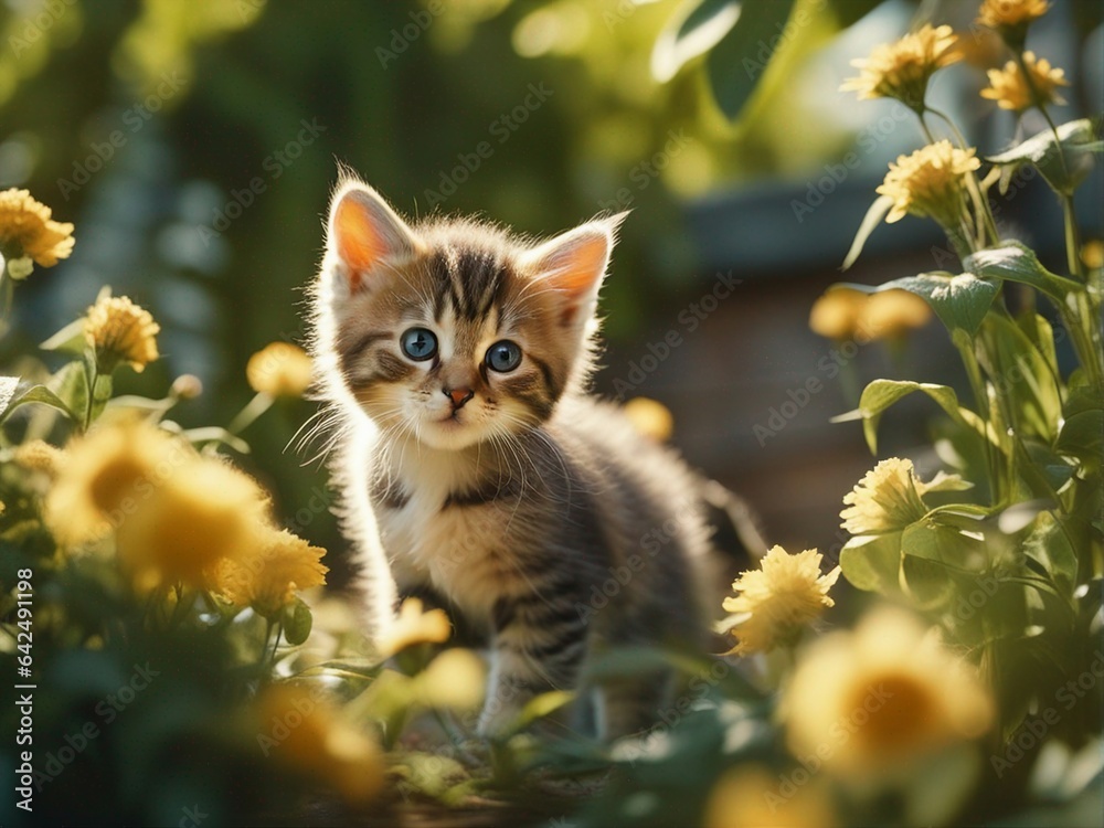 Beautiful cute baby kitten in a summer garden. Little kitten standing on flowers garden. Generative AI Beautiful cute baby kitten in a summer garden. Little kitten standing on flowers garden. Generative AI