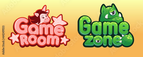 Play room logo. Kids zone cartoon banners with unicorn and cute monster. Baby entertainment area emblem. Fun activity playground sticker. Colorful logotype with lettering. Vector playroom signs