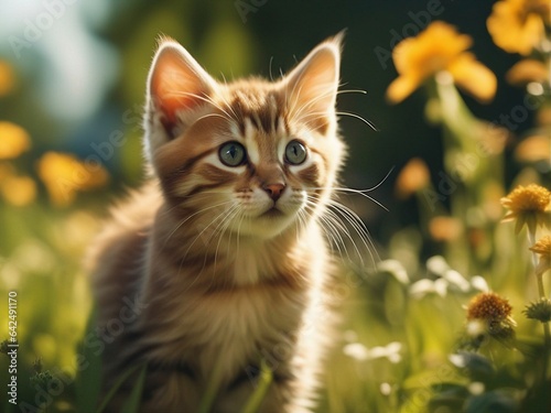 Beautiful cute baby kitten in a summer garden. Little kitten standing on flowers garden. Generative AI