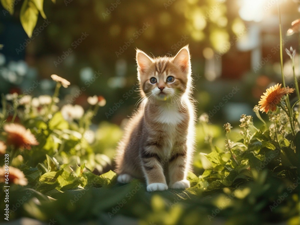 Obraz premium Beautiful cute baby kitten in a summer garden. Little kitten standing on flowers garden. Generative AI