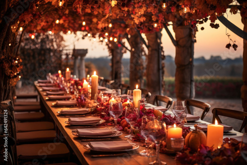 Autumn outdoor dinner table setting with lights and lit candles, fall harvest season, rustic, fete party, outside dining tablescape