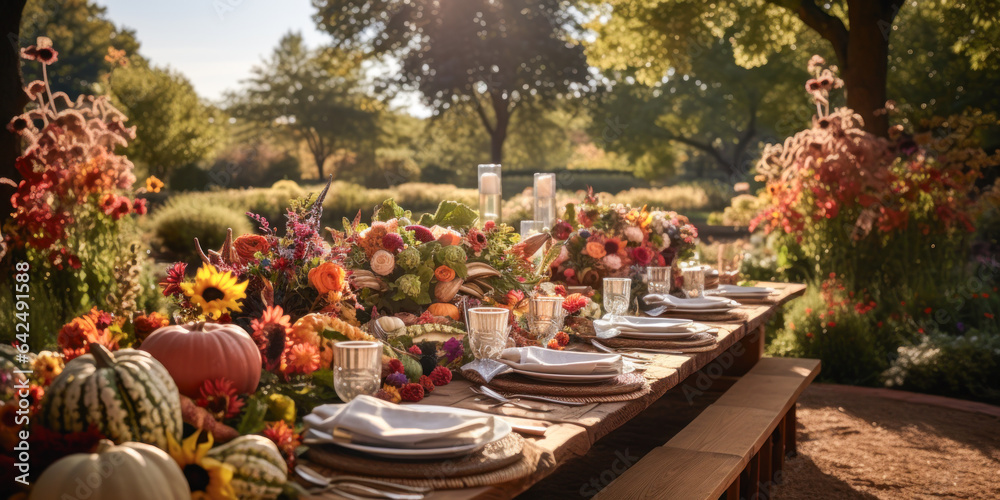 Autumn outdoor dinner table setting with roses flowers and pumpkins, wide, fall harvest season, rustic, fete party, outside dining tablescape
