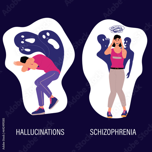Mental disorder. People suffer from schizophrenia or hallucinations. Psychological illness and medical problem. Men or women feel anxious. Panic attacks and traumas. Psychiatry vector set