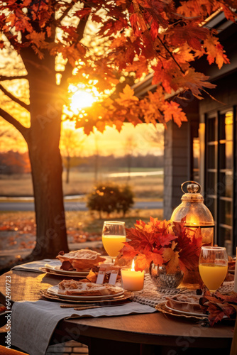 Autumn outdoor dinner table setting at sunset with fall foliage, vertical, harvest season, rustic, fete party, outside dining tablescape