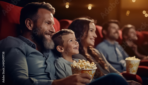 family enjoying popcorn in cinema