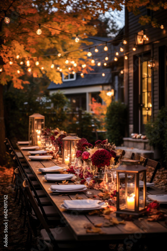 Autumn outdoor dinner table setting with lanterns and bulb lights, vertical, night, fall harvest season, rustic, fete party, outside dining tablescape