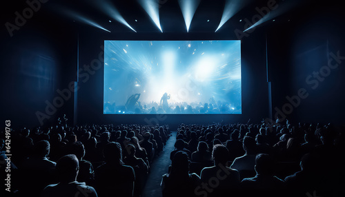 large audience watching movie mockup white screen in cinema photo