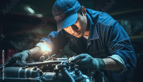 man is working under the engine of a car