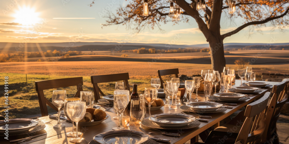 Autumn outdoor dinner table in field, wide, fall harvest season, rustic, fete party, outside dining tablescape