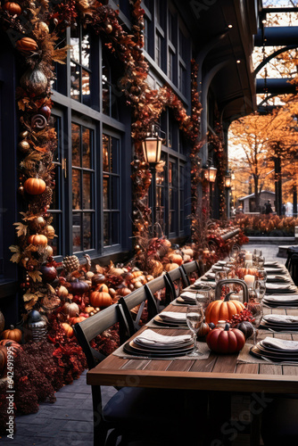 Autumn outdoor dinner table setting with garlands  pumpkins  vertical  fall harvest season  rustic  fete party  outside dining tablescape