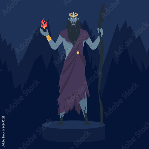 Cartoon Greek god. Ancient mythological male character. Hades in underworld. Mythical divinity. Antique religion. Olympian pantheon. Dark mountains. Roman Pluto. Vector illustration photo