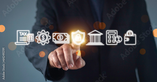 Businessman show icon financial and payment, Digital marketing. Finance and banking networking. Security icon customer network connection, cyber security. Business finance technology.