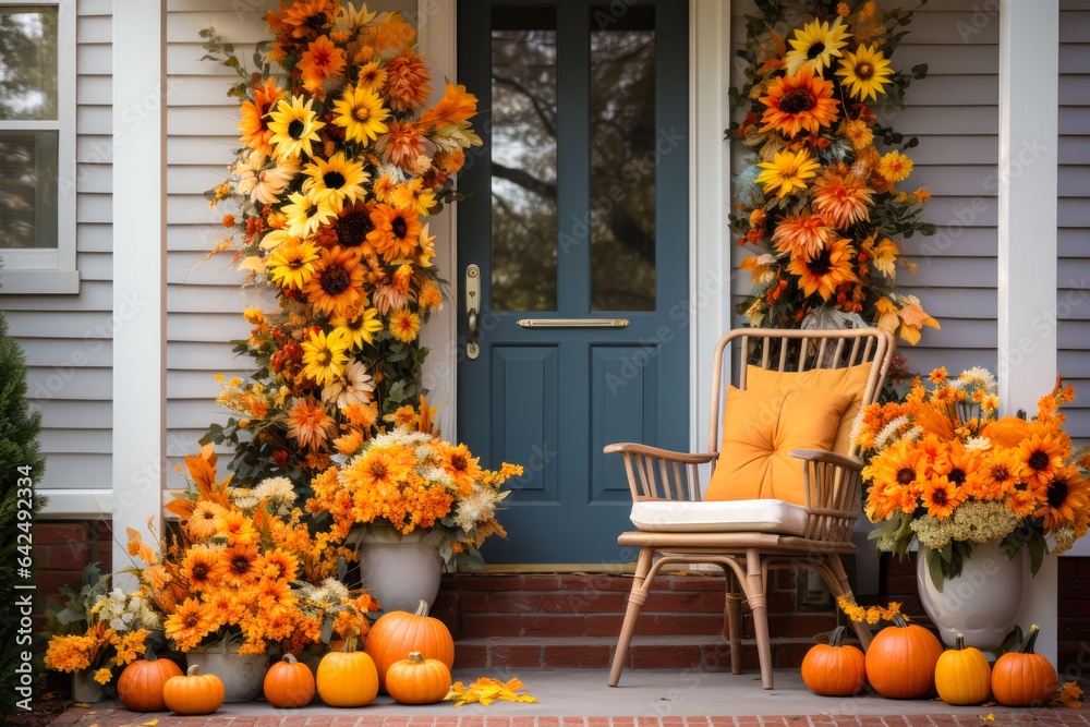 Autumn front porch with garlands, chair, pumpkins, sunflowers, floral, home exterior decor