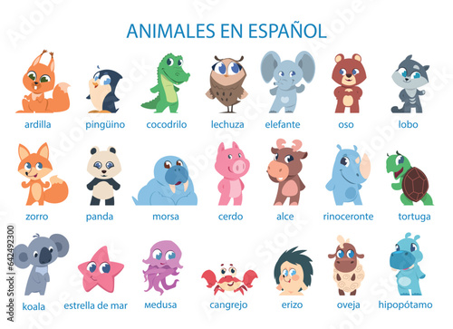 Cartoon animals. Language learning. Kids education. Funny creatures with Spanish inscriptions. Cute hippo and turtle. Fluffy fox or koala. Words studying. Vector children poster design