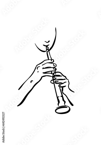 Man playing the flute, Drawing of a wind musical instrument with hands isolated, Vector simple linear sketch, Hand drawn illustration