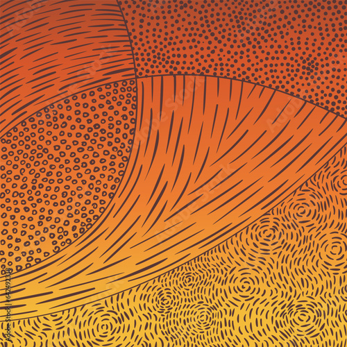 Hand drawn pattern of dashed lines, dots, small circles broun on yellow orange gradient, Abstract background inspired by indigenous aboriginal art and impressionism