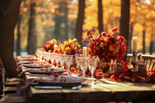 Autumn outdoor dinner table setting with red flowers, fall harvest season, rustic, fete party, outside dining tablescape
