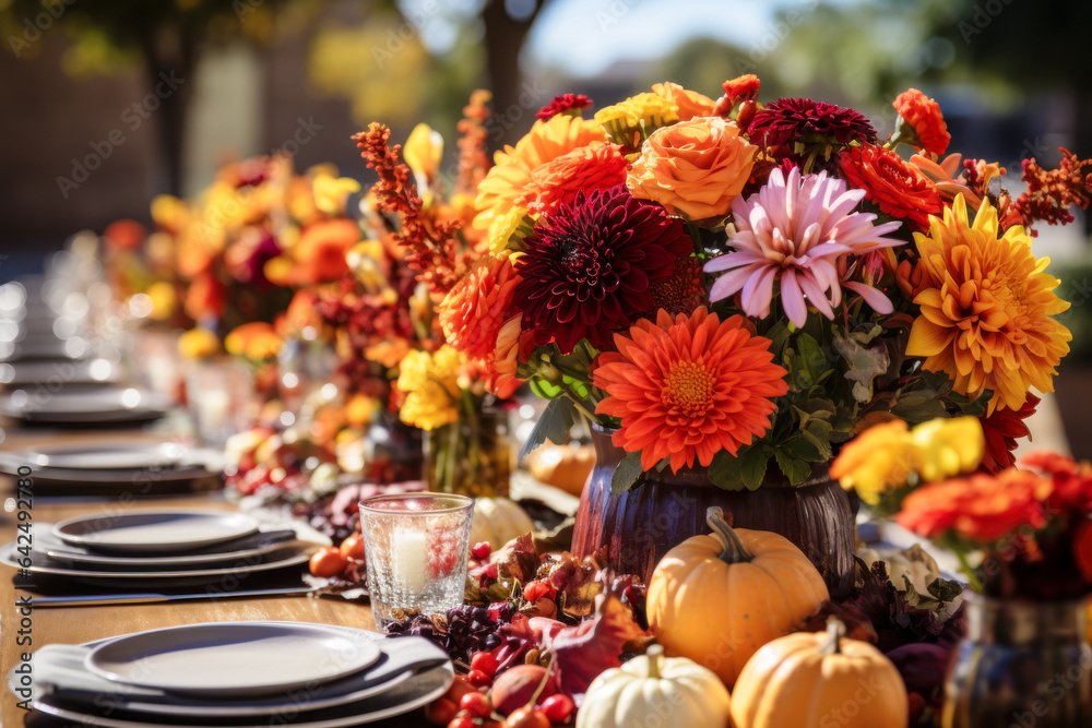 Autumn outdoor dinner table setting, flowers, fall harvest season, rustic, fete party, outside dining tablescape