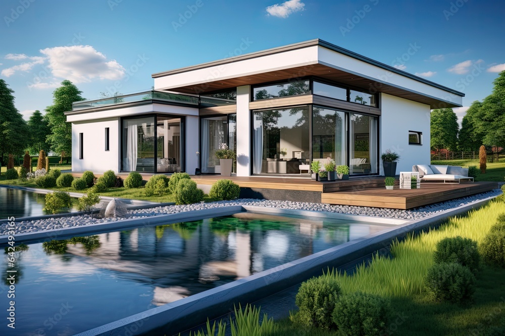 A modern house with a stunning pool in the foreground created with Generative AI technology