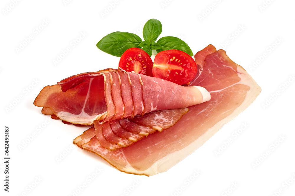 Dry Spanish ham, Jamon Serrano, Bellota, Italian Prosciutto Crudo or Parma ham, isolated on white background.