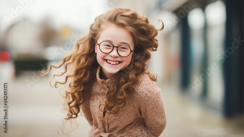 girl with Down syndrome in casual clothes and glasses. She is a positive and confident person, smiling