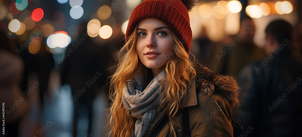 portrait of a woman in the city night in autumn or winter season