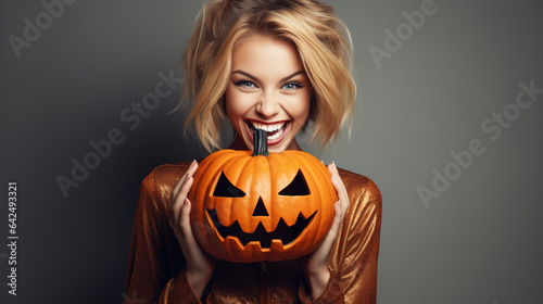 Cheerful young blond woman with halloween pumpkin